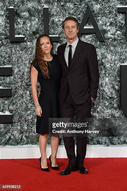Edward Norton and Shauna Robertson attend the European Premiere of "Collateral Beauty" at Vue Leicester Square on December 15, 2016 in London,...