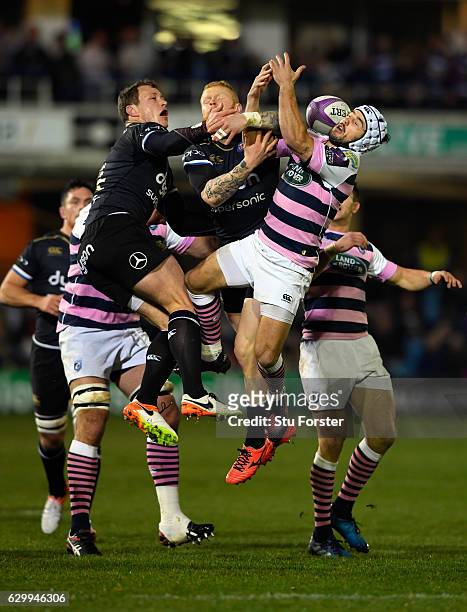 Tom Homer (c0 of Bath and Matthew Morgan of Blues contest a high ball during the European Rugby Challenge Cup match between Bath Rugby and Cardiff...