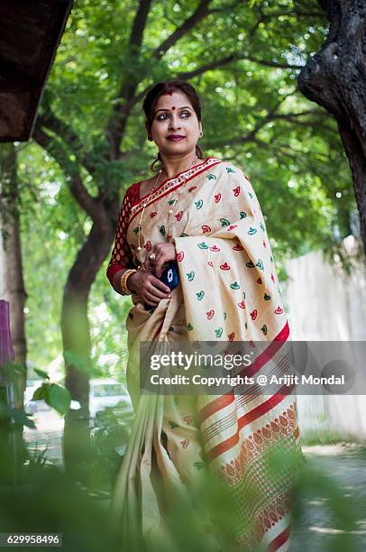 portrait of middle age indian woman in sari - silk sari stock pictures, royalty-free photos & images