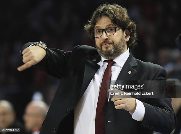 Andrea Trincheri, Head Coach of Brose Bamberg reacts during the 2016/2017 Turkish Airlines EuroLeague Regular Season Round 12 game between Brose...