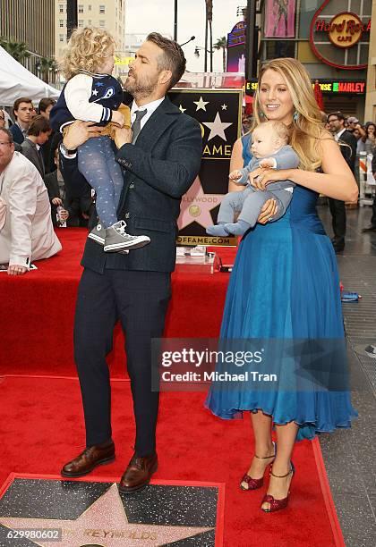 Ryan Reynolds and Blake Lively with their daughters attend the ceremony honoring actor Ryan Reynolds with a Star on The Hollywood Walk of Fame held...