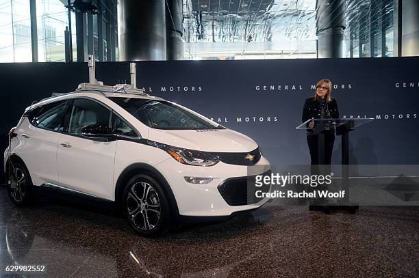 Mary Barra, Chairman and CEO of General Motors, speaks during a General Motors press conference at the Renaissance Center on December 15, 2016 in...