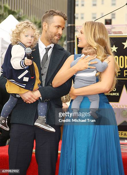 Ryan Reynolds and Blake Lively with their, children attend the ceremony honoring actor Ryan Reynolds with a Star on The Hollywood Walk of Fame held...