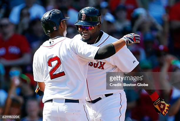 Red Sox David Ortiz celebrates his two run home run with teammate Xander Bogaerts, left, during the first inning. The Boston Red Sox host the...