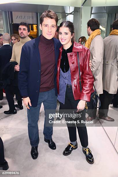 Antonio Folletto and Benetta Porcaroli attend a cocktail reception hosted by Prada to present the Resort 2017 Collection in its Rome stores on...