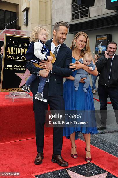 Actors Ryan Reynolds, Blake Lively and daughters attend the ceremony that honored Ryan Reynolds with star on the Hollywood Walk of Fame on December...