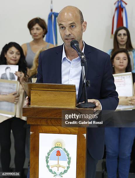 Minister of Transport of Argentina Guillermo Dietrich speaks during the delivery of repaired files to the descendants of 20 disappeared railway...