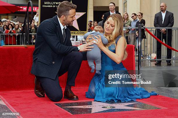 Blake Lively and Ryan Reynolds with their children attend a ceremony honoring actor Ryan Reynolds with Star on the Hollywood Walk Of Fame on December...