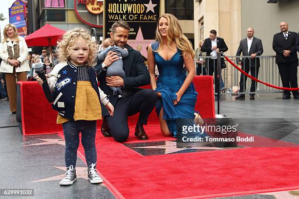 Blake Lively and Ryan Reynolds with their children attend a ceremony honoring actor Ryan Reynolds with Star on the Hollywood Walk Of Fame on December...