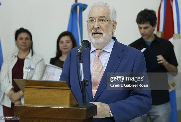 Ambassador of Spain Estanislao de Grandes Pascual speaks during the delivery of repaired files to the descendants of 20 disappeared railway workers...