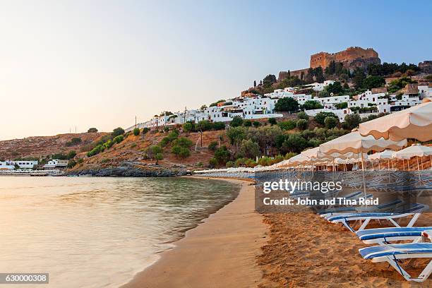 lindos beach - rhodes stockfoto's en -beelden