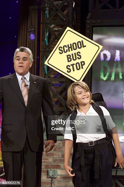 Episode 2775 -- Pictured: Host Jay Leno with a kid inventor during the "Back to School Products" segment on September 10, 2004 --