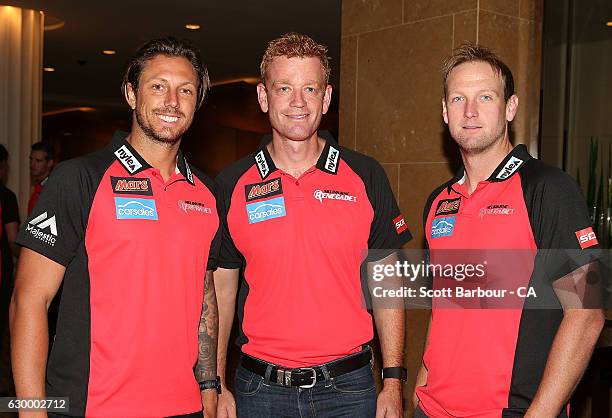 James Pattinson, coach Andrew McDonald and Cameron White of the Renegades attend the Melbourne Stars Rivalry Lunch at Crown Palladium on December 16,...