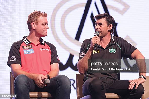 Renegades coach Andrew McDonald and Stars coach Stephen Fleming speak during the Melbourne Stars Rivalry Lunch at Crown Palladium on December 16,...