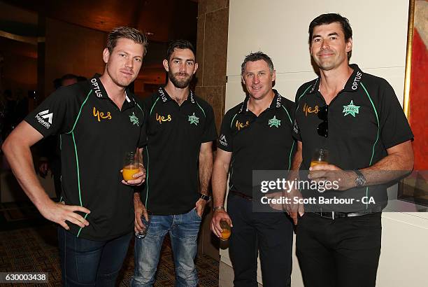 James Faulkner, Glenn Maxwell, David Hussey and coach Stephen Fleming attend the Melbourne Stars Rivalry Lunch at Crown Palladium on December 16,...