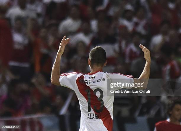 Lucas Alario of River Plate celebrates after scoring the third goal of his team during a final match between River Plate and Rosario Central as part...