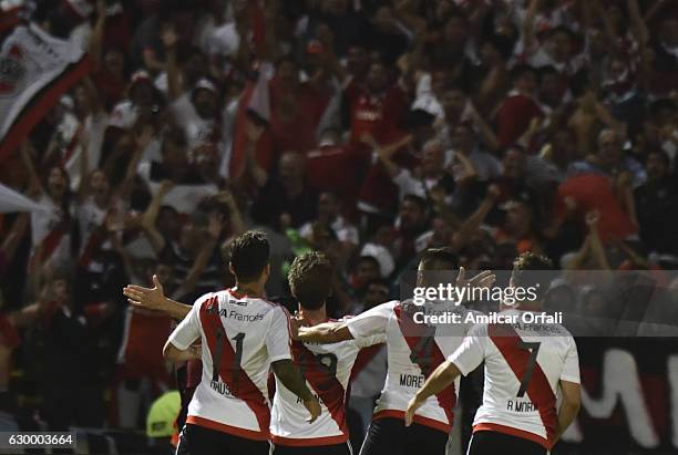 Ivan Alonso of River Plate celebrates with teammates after scoring the fourth goal of his team during a final match between River Plate and Rosario...