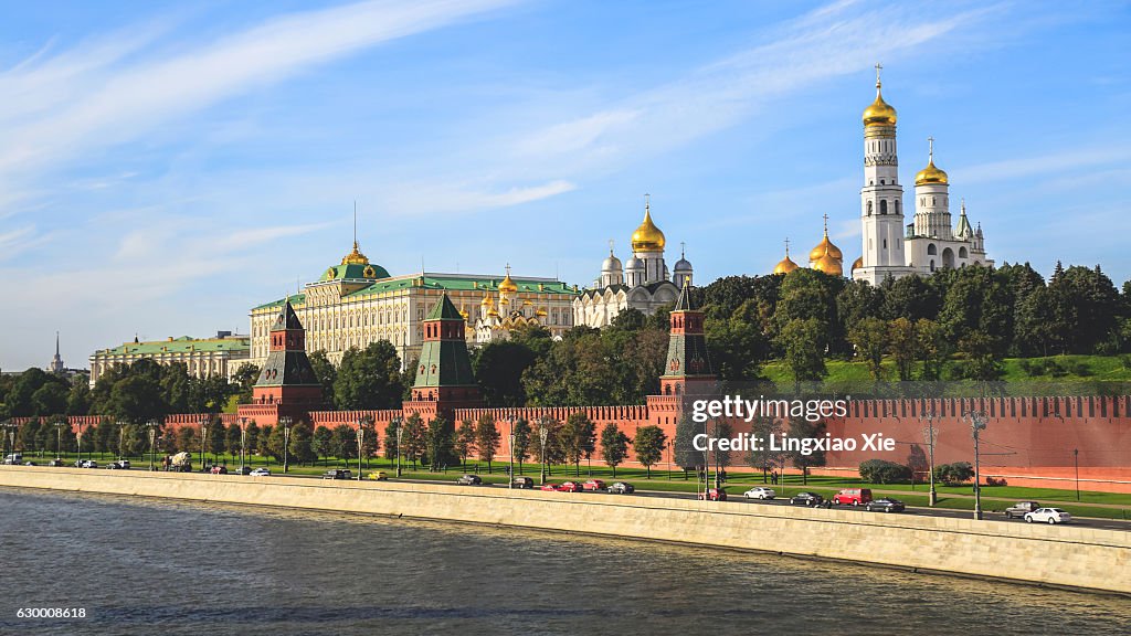 Moscow Kremlin along Moscow River and city highway, Russia