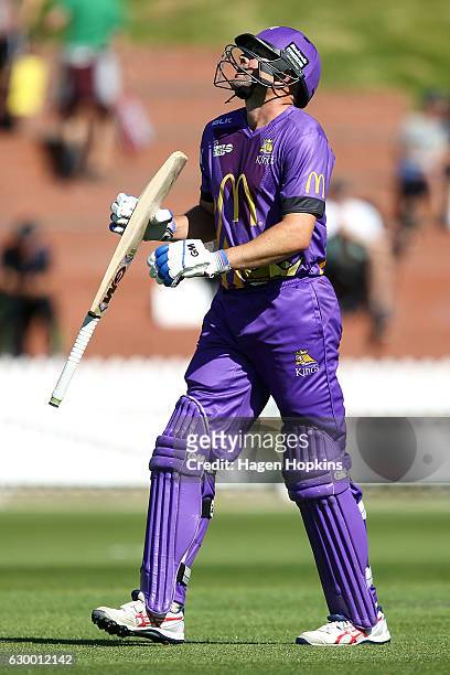 Peter Fulton of the Kings shows his disappountment after being dismissed during the McDonalds Super Smash T20 match between Wellington Firebirds and...