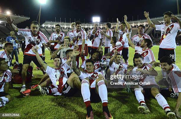 Players of River Plate celebrate with the trophy after a final match between River Plate and Rosario Central as part of Copa Argentina 2016 at Mario...