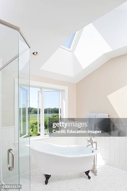 Claw foot tub with river view, Cape Elizabeth, ME.