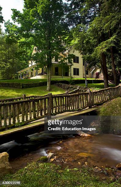 Stream with wooden bridge, Buck House on Bald Mountain, Burnsville, NC.