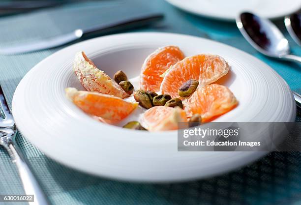 Peeled oranges with pistachio over yogurt, English Meadows Inn, Kennebunk, ME.