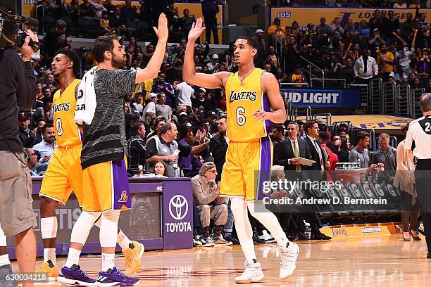 Jordan Clarkson of the Los Angeles Lakers reacts during the game against the San Antonio Spurs on November 18, 2016 at STAPLES Center in Los Angeles,...