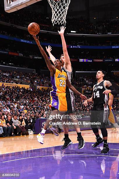 Louis Williams of the Los Angeles Lakers goes up for a lay up against the San Antonio Spurs on November 18, 2016 at STAPLES Center in Los Angeles,...