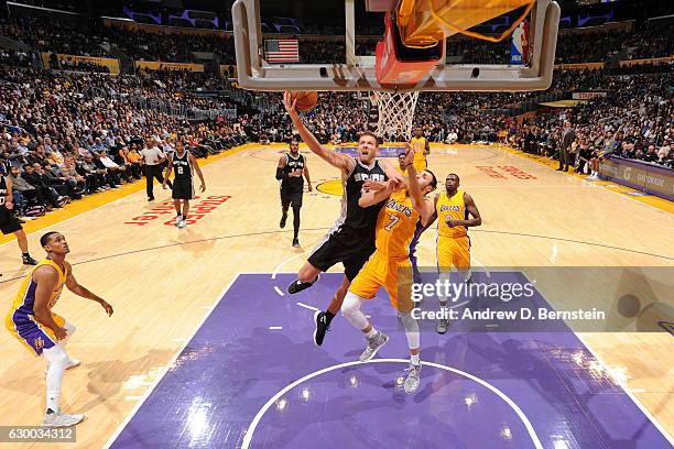 David Lee of the San Antonio Spurs goes up for a lay up against the Los Angeles Lakers on November 18, 2016 at STAPLES Center in Los Angeles,...