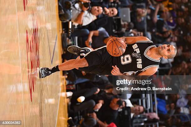 Tony Parker of the San Antonio Spurs handles the ball against the Los Angeles Lakers on November 18, 2016 at STAPLES Center in Los Angeles,...