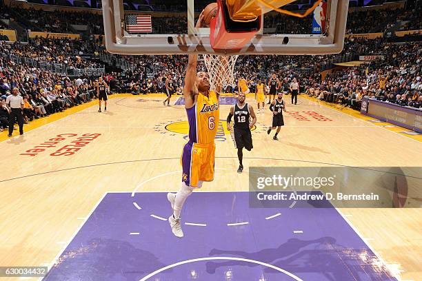 Jordan Clarkson of the Los Angeles Lakers goes up for a dunk against the San Antonio Spurs on November 18, 2016 at STAPLES Center in Los Angeles,...