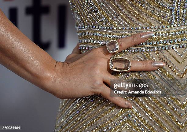 Actress Carmen Electra, ring and manicure detail, arrives at the 3rd Annual Cinefashion Film Awards at the Saban Theatre on December 15, 2016 in...