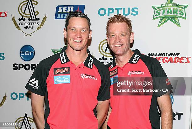 Chris Tremain of the Renegades and coach Andrew McDonald attend the Melbourne Stars Rivalry Lunch at Crown Palladium on December 16, 2016 in...