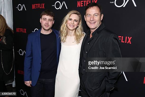 Emory Cohen, Brit Marling and Jason Isaacs arrive at the Premiere Of Netflix's "The OA" at the Vista Theatre on December 15, 2016 in Los Angeles,...