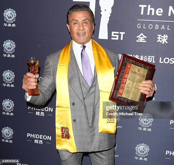 Sylvester Stallone attends the 21st Annual Huading Global Film Awards - press room held at The Theatre at Ace Hotel on December 15, 2016 in Los...