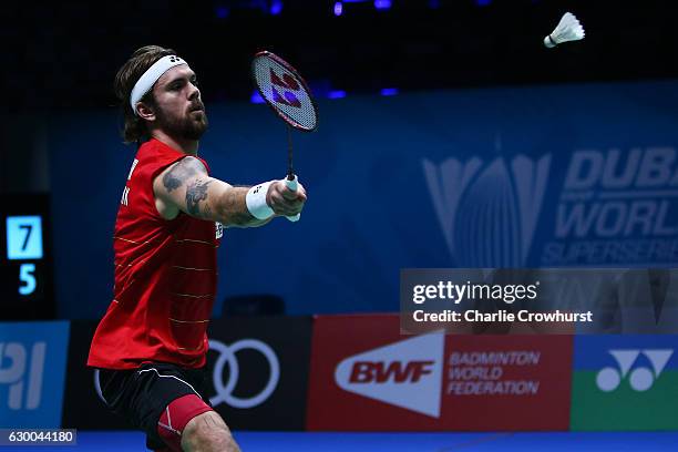 Jan O Jorgensen of Denmark in action during his mens singles match against Tian Houwei of China on Day Three of the BWF Dubai World Superseries...