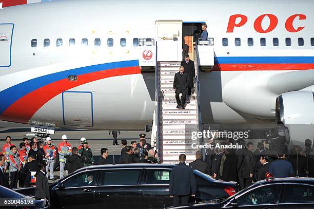 Russian President Vladimir Putin gets off the plane as he arrives at Tokyo Haneda Airport, Japan on December 16, 2016. Japanese Prime Minister Shinzo...