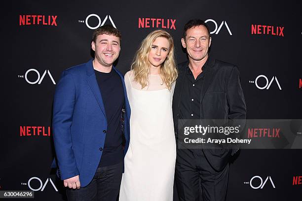 Emory Cohen, Brit Marling and Jason Isaacs attend the premiere of Netflix's "The OA" at the Vista Theatre on December 15, 2016 in Los Angeles,...