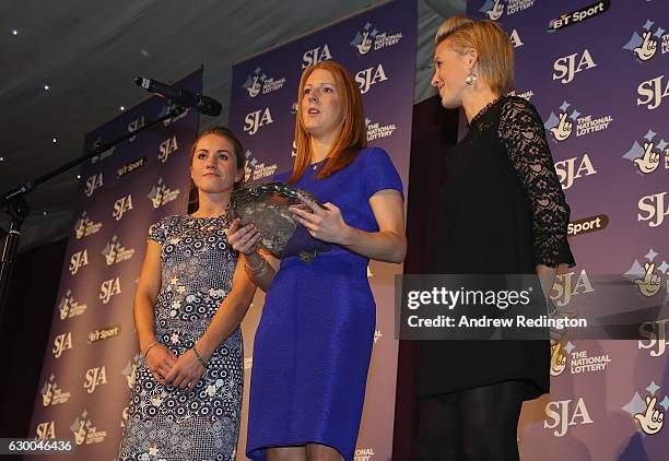 Laura Unsworth, Nicola White and Alex Danson are pictrured with the the SJA Sports Team of the Year trophy during The SJA British Sports Awards 2016...