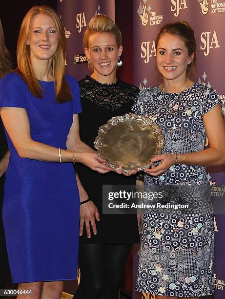 Nicola White; Alex Danson and Laura Unsworth are pictrured with the the SJA Sports Team of the Year trophyduring The SJA British Sports Awards 2016...