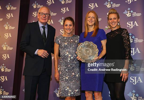 Laura Unsworth, Nicola White and Alex Danson are pictrured with the the SJA Sports Team of the Year trophy alongside Patrick Collins, SJA President,...