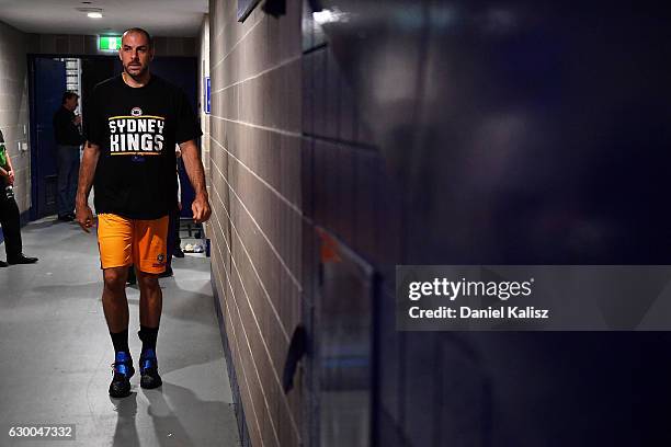 Aleks Maric of the Sydney Kings walks out onto the court prior to the round 11 NBL match between Adelaide 36ers and the Sydney Kings on December 16,...