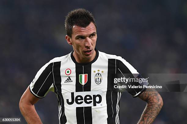 Mario Mandzukic of Juventus looks on during the UEFA Champions League Group H match between Juventus and GNK Dinamo Zagreb at Juventus Stadium on...