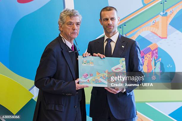 President of RFEF Angel Maria Villar and UEFA president Aleksander Ceferin pose in front of the Bilbao logo for the EURO 2020 during the official...