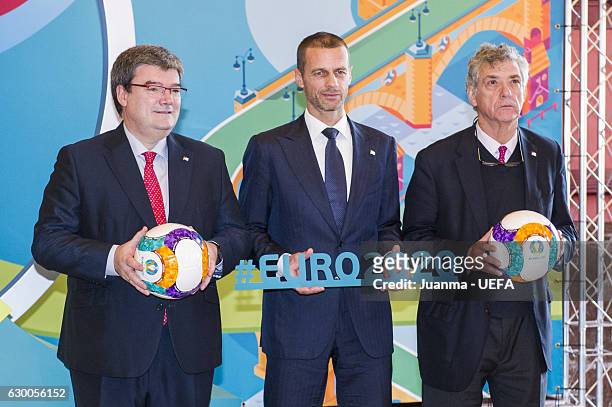 Mayor of Bilbao Jose Maria Aburto, UEFA president Aleksander Ceferin and president of RFEF Angel Maria Villar pose in front of the Bilbao logo for...