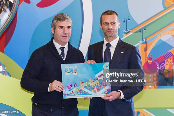 President of RFEF Angel Maria Villar and UEFA president Aleksander Ceferin pose in front of the Bilbao logo for the EURO 2020 during the official...