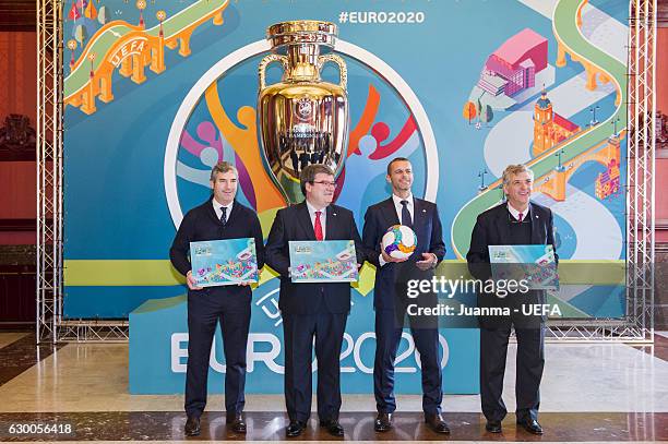 President of Athletic Club de Bilbao Josu Urrutia, Mayor of Bilbao Jose Maria Aburto, UEFA president Aleksander Ceferin and president of RFEF Angel...