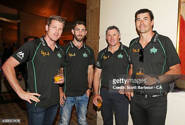 James Faulkner, Glenn Maxwell, David Hussey and coach Stephen Fleming attend the Melbourne Stars Rivalry Lunch at Crown Palladium on December 16,...