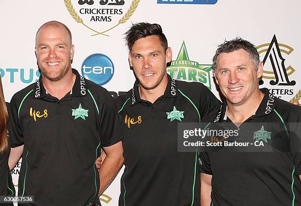 Michael Beer, Scott Boland and David Hussey of the Stars BBL team attend the Melbourne Stars Rivalry Lunch at Crown Palladium on December 16, 2016 in...